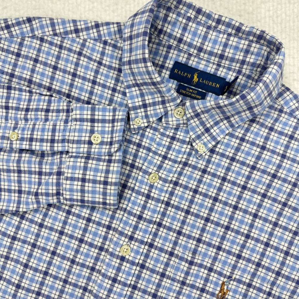 Polo Ralph Lauren Button Down Mens L Blue Plaid Slim Fit Oxford Shirt Pocket